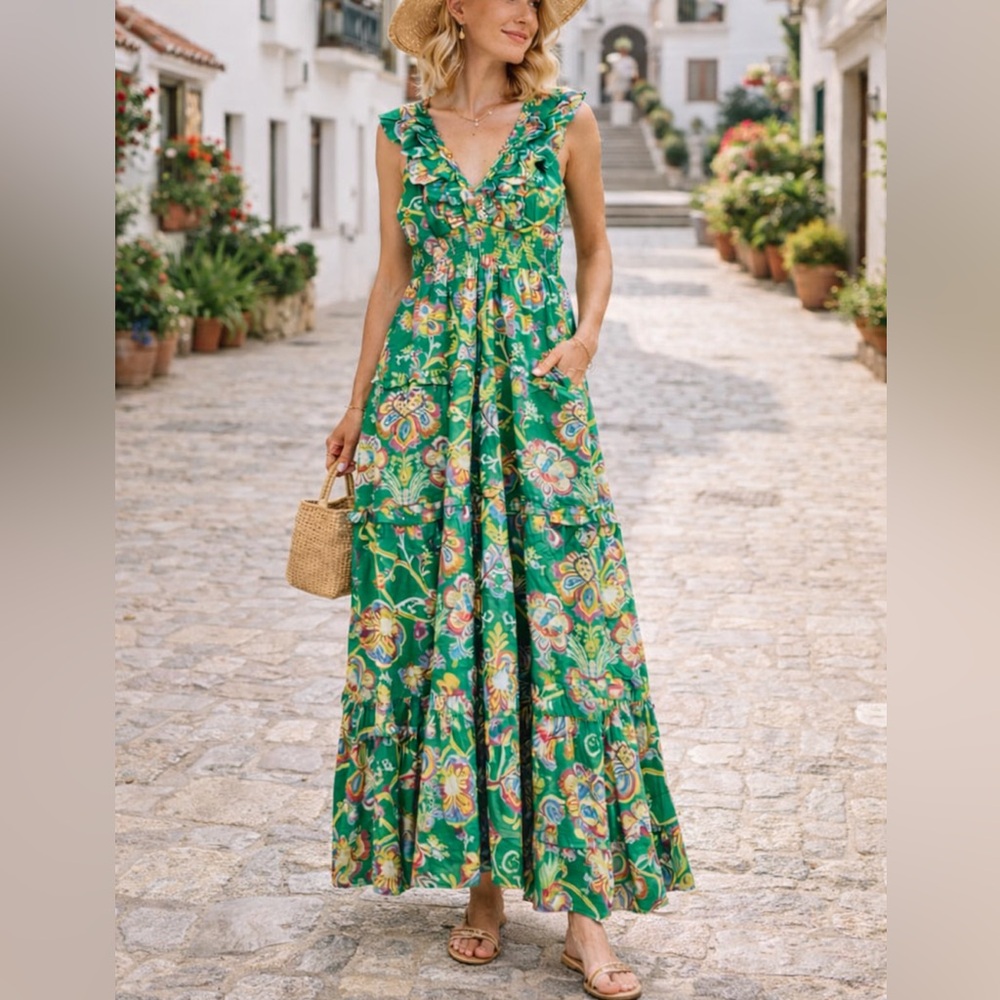 Caroline Constas Floral Tiered Maxi Dress w/ Pockets – Size Small